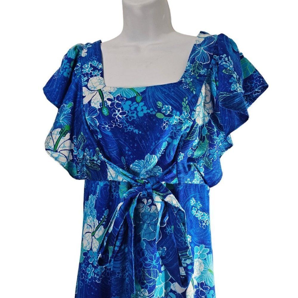 Vintage 70s Dress Womens Size S Blue Floral Belted Maxi Hawaiian Floral